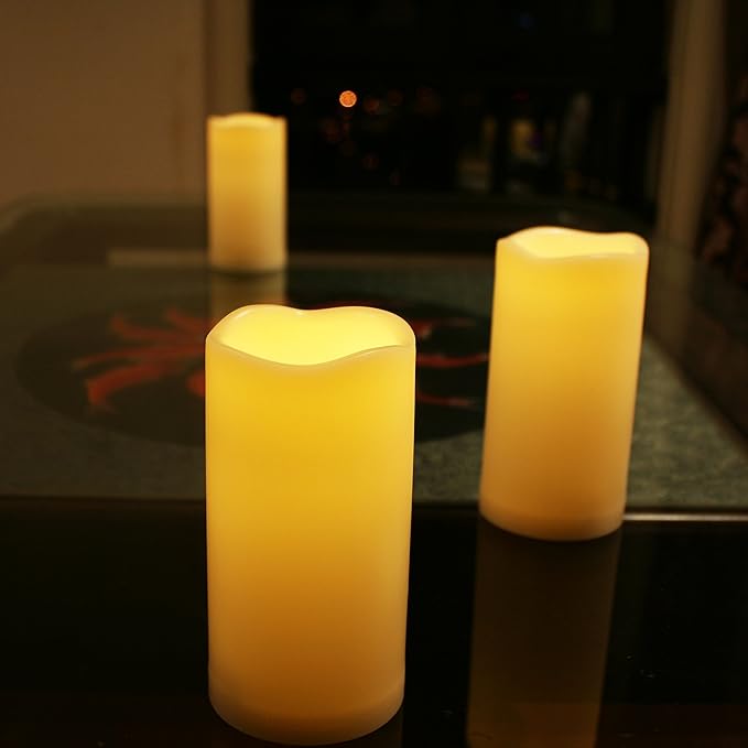 iZAN 3-Pack Outdoor Flameless LED Battery Operated Candles with Remote Waterproof Flickering Electric Pillar Candles for Halloween Chirstmas Home Wedding Party Festival Décor Long Battery Life 3”x6”-VerdiqueGarden