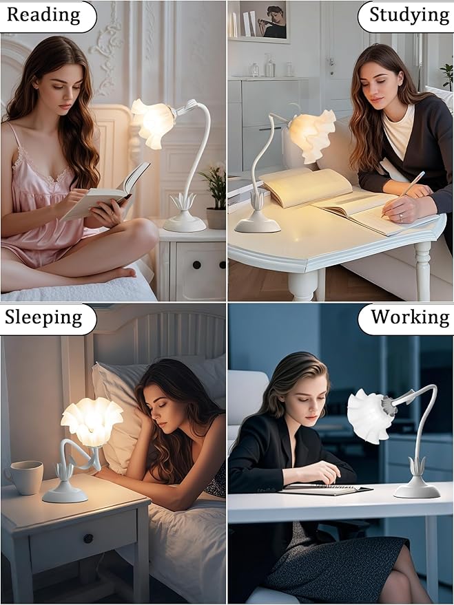 Flower Table Lamp,LED Reading Light Bedside Vintage Flower Night Light,3 Colors Modes Kawaii Bedside Lamps Decor,Living Room Bedroom Room Lighting Table Lamps Home Decoration (White)-VerdiqueGarden