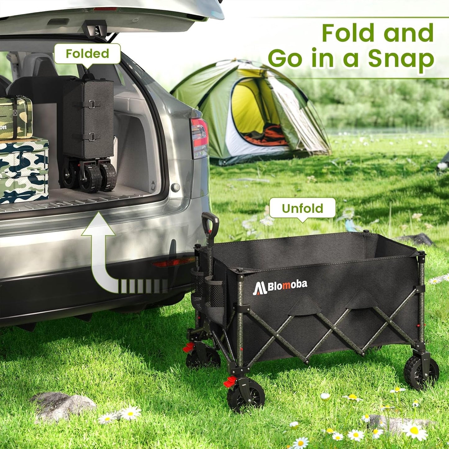 Folding Wagon Cart with Wheels, 180L 330LBS Heavy Duty Utility Wagon, Beach Wagon with All-Terrain Wheels, Portable Grocery Wagons for Camping, Shopping, Garden, Sports, Black-VerdiqueGarden