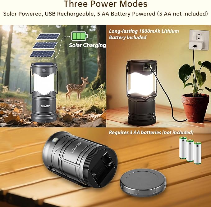Lichamp 2-Pack Solar Camping Lantern, USB Rechargeable LED Lanterns Battery Powered Pop Up Flashlight Lamps with Three Modes Power for Power Outages Hurricane Supplies Emergency Indoor & Outdoor-VerdiqueGarden