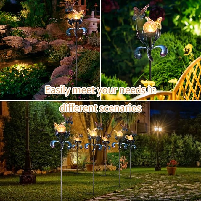 VCUTEKA Solar Lights Outdoor Metal Garden Stake Waterproof Crackle Glass Globe Garden Decor Butterfly for Pathway, Lawn, Patio, Yard-VerdiqueGarden