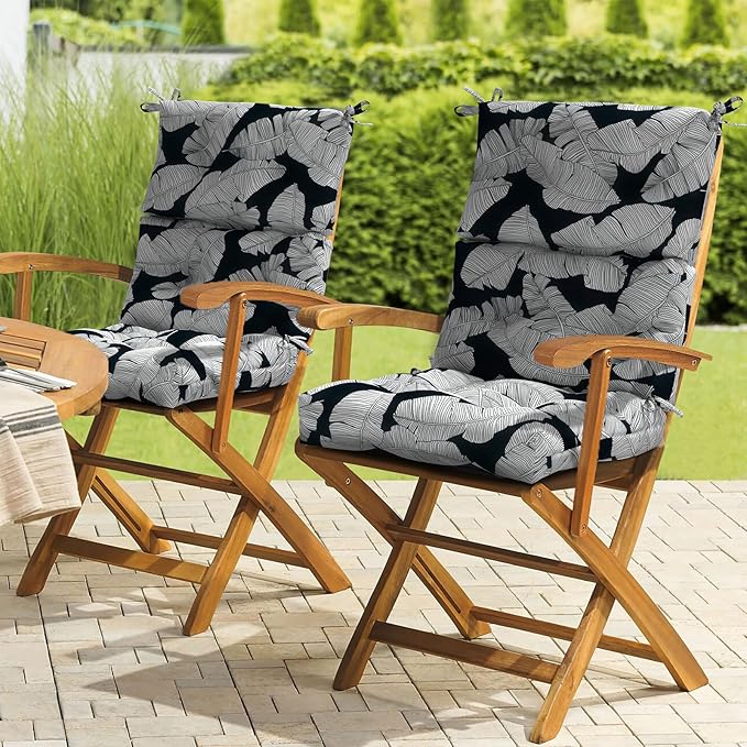 LVTXIII Outdoor Seat/Back Chair Cushion Patio Tufted High Back Cushion, Seasonal Replacement Rocking Chair Cushion with Ties (44” L x 22W”, Set of 2, Black Lush Leaf)-VerdiqueGarden