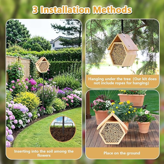 Mason Bee House for Garden, Natural Wooden Bee Habitat with Metal Ground Stake, Attracts Pollinators, Improve Garden Productivity, Outdoor Decoration-VerdiqueGarden