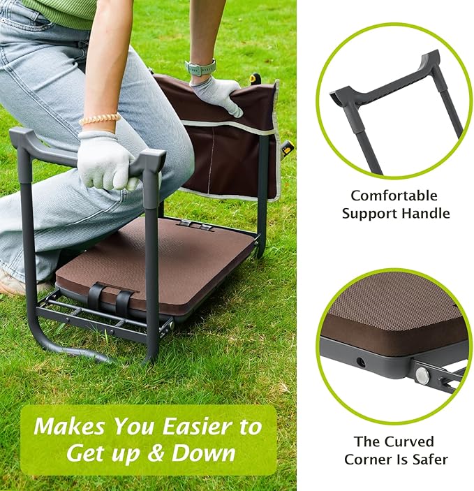 ikkle Garden Kneeler and Seat Gardening Stool Kneeler Folding Gardening Bench with Thicker Detachable Kneeling Pad and Tool Store Pouches (Brown)-VerdiqueGarden