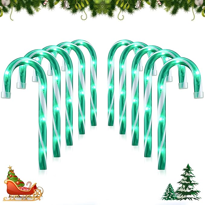 10" 10 Pack Christmas Candy Cane Lights, Candy Cane Lights with 10 Stakes for Walkway Patio Yard Patio Garden Festival Holiday Outdoor Indoor Landscape Path, Christmas Decorations Outside, Green-VerdiqueGarden