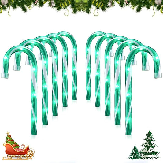 10" 10 Pack Christmas Candy Cane Lights, Candy Cane Lights with 10 Stakes for Walkway Patio Yard Patio Garden Festival Holiday Outdoor Indoor Landscape Path, Christmas Decorations Outside, Green-VerdiqueGarden