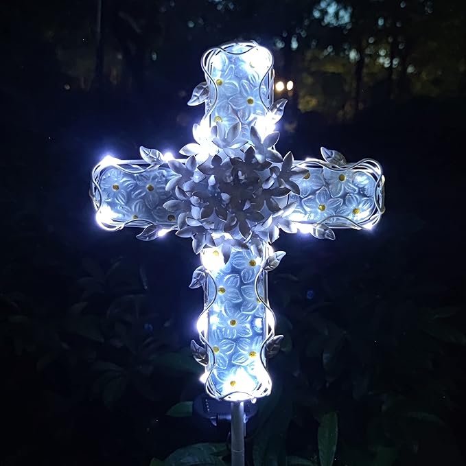 38Inch Solar Cross Garden Lights Outdoor Decorative - Solar Metal&Glass Cross White Hydrangea Flower Stake Lights- Waterproof 20 Warm White LED for Remembrance Gifts & Sympathy Gifts.-VerdiqueGarden