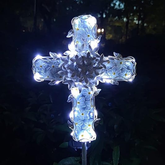 38Inch Solar Cross Garden Lights Outdoor Decorative - Solar Metal&Glass Cross White Hydrangea Flower Stake Lights- Waterproof 20 Warm White LED for Remembrance Gifts & Sympathy Gifts.-VerdiqueGarden