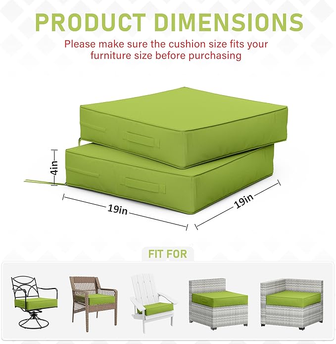 Patio Chair Cushions 19 X 19 X 4 Inch Waterproof Outdoor Seat Cushions for Patio Furniture, Outdoor Sofa Couch Pads with Ties & Handle, Set of 2, Grass Green-VerdiqueGarden