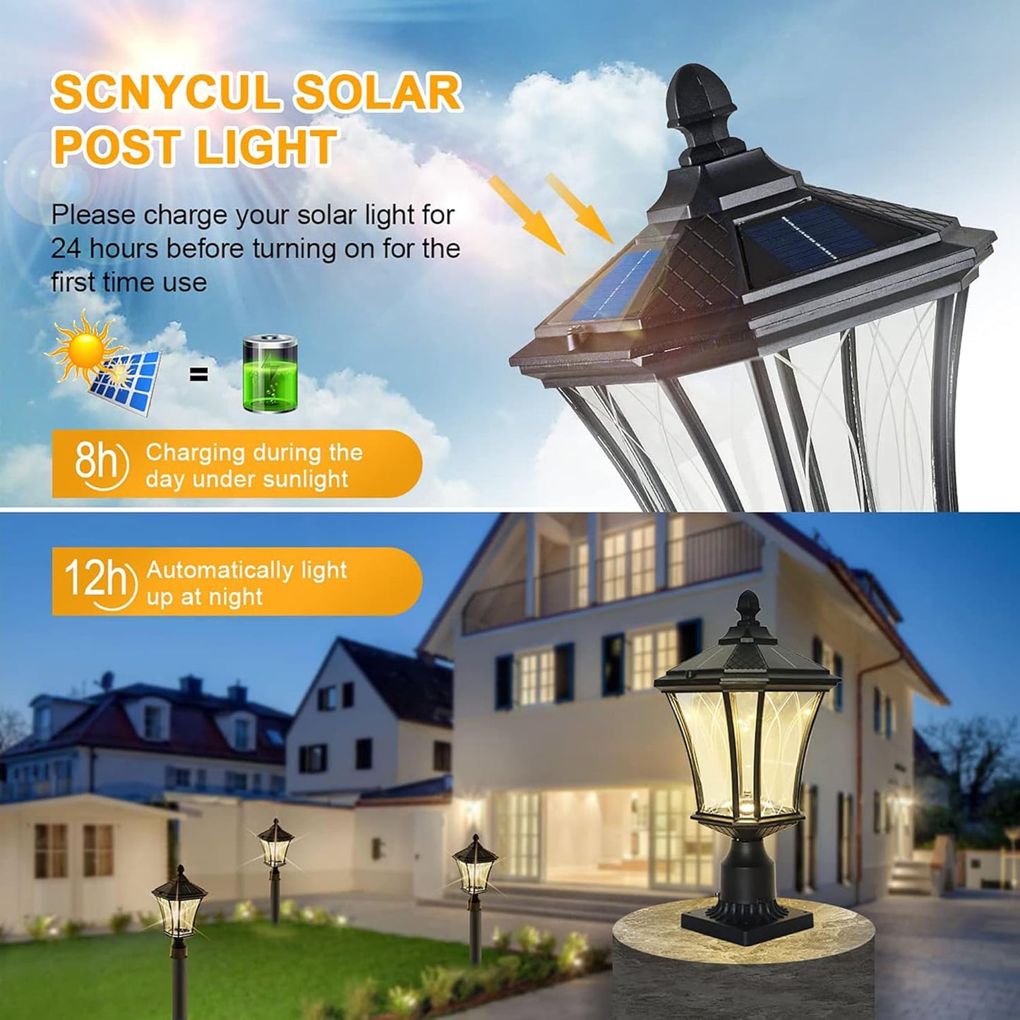 Solar Post Lights Dusk to Dawn Outdoor Solar Lamps with Pier Mount Base, Waterproof Exterior Pole Lights Head with Patterned Glass, Pillar Light for Outside House, Driveway, Black-VerdiqueGarden