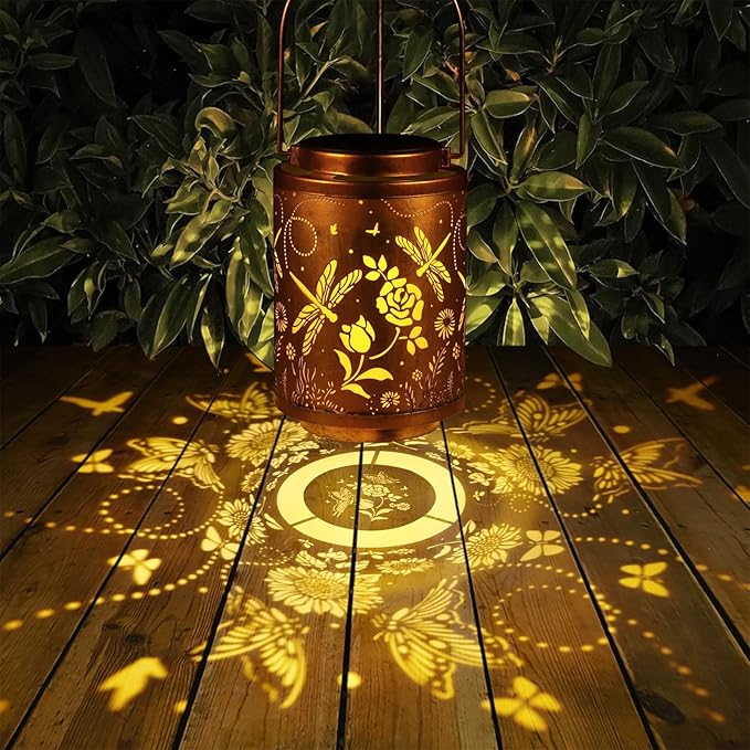 2 Pack Solar Lanterns Garden Decor Birthday Gifts for Women Mon Grandma Metal Hanging Solar Lights Waterproof Outdoor Decoration for Outside LED Lanterns for Yard Patio Lawn(Dragonfly)-VerdiqueGarden