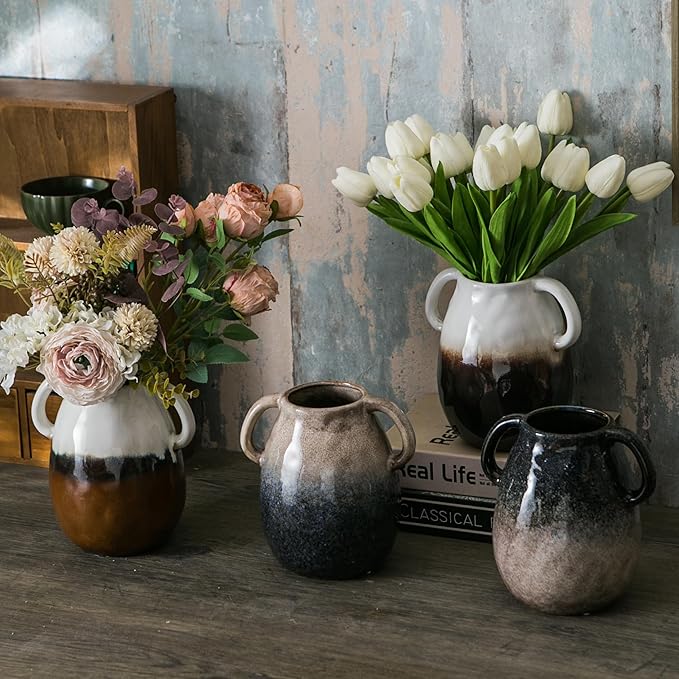 Blue Gradient Ceramic Vase with 2 Handles, Modern Farmhouse Decor, Rustic Terracotta Pottery, Decorative Clay Flower Vase, Centerpiece for Dining Table - 7 Inch-VerdiqueGarden