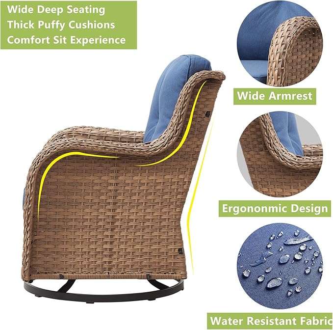 Outdoor Patio Swivel Rocker Chairs - Wicker Rattan Patio Swivel Rocking Chairs Set of 2 with High Back,Deep Seating and Comfort Cushions for Deck Porch Garden,Yellow/Blue-VerdiqueGarden