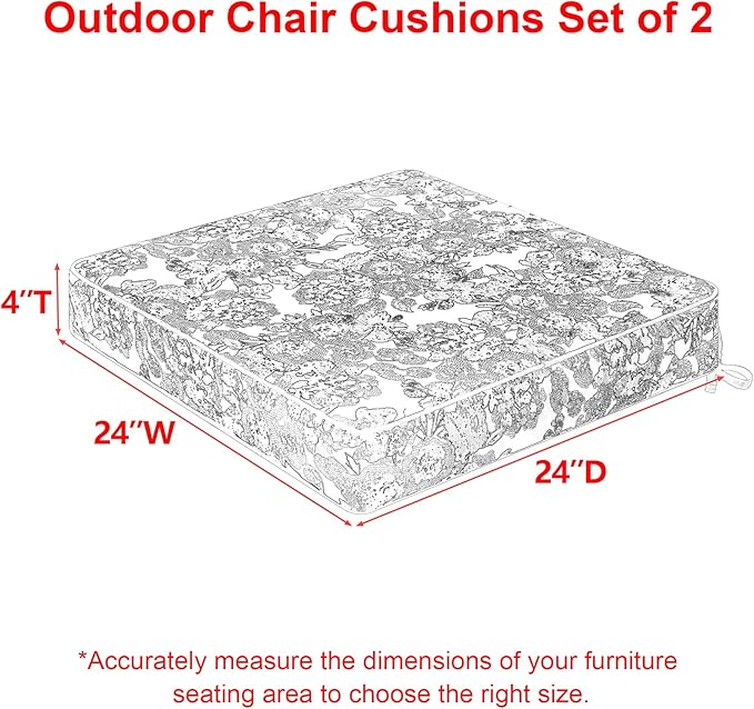 Favoyard Outdoor Chair Cushion 24 x 24 x 4 In Waterproof Pattern Fade Resistant Cushions for Patio Furniture with Removable Cover Attach Straps 28D Foam Insert Cushions Pads for Seat Sofa Couch 2 Pack-VerdiqueGarden