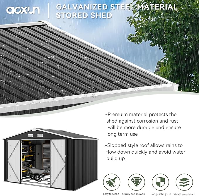 Aoxun 9.4x7.3x6.5 FT Outdoor Storage Shed with Base Outdoor Metal Shed for Tool, Garden, Bike, Placed in Patio, Garden Base Included (Black)-VerdiqueGarden