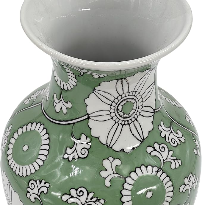 Galt International Floral Chinoiserie Ceramic Vase 14" - Hand Painted Antique Style Porcelain Flower Bottle Fishtail Porcelain Chinese Vase for Home Decor Centerpiece-VerdiqueGarden