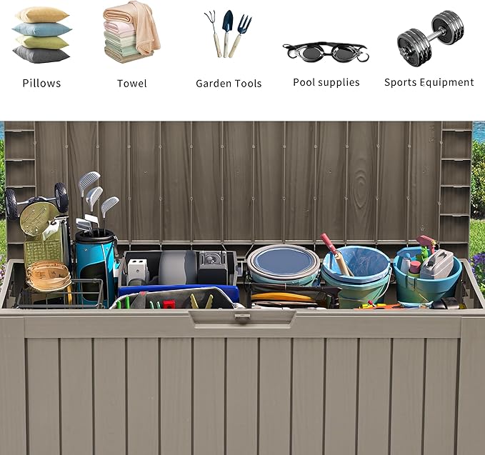 YITAHOME 72 Gallon Outdoor Resin Deck Box with Wheels, Pool Storage Box for Outdoor Cushions, Sports Equipment, Garden Tools, Light Brown-VerdiqueGarden
