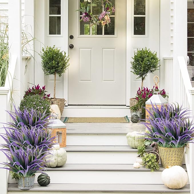 16Pcs Artificial Grass Fake Plants 17.3in Outdoor Plants UV Resistant Faux Greenery Stems Fake Grass for Home Window Garden Office Patio Pathway Front Porch Halloween Décor Green & Purple-VerdiqueGarden