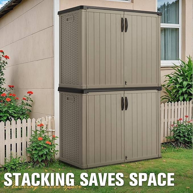 Greesum Outdoor Horizontal Storage Sheds 27 Cu.ft Resin Large Storaged Box Weather Resistance, Without Shelf, Easy to Assemble, Prefect for Garden, Patios, Backyards, Beige-VerdiqueGarden