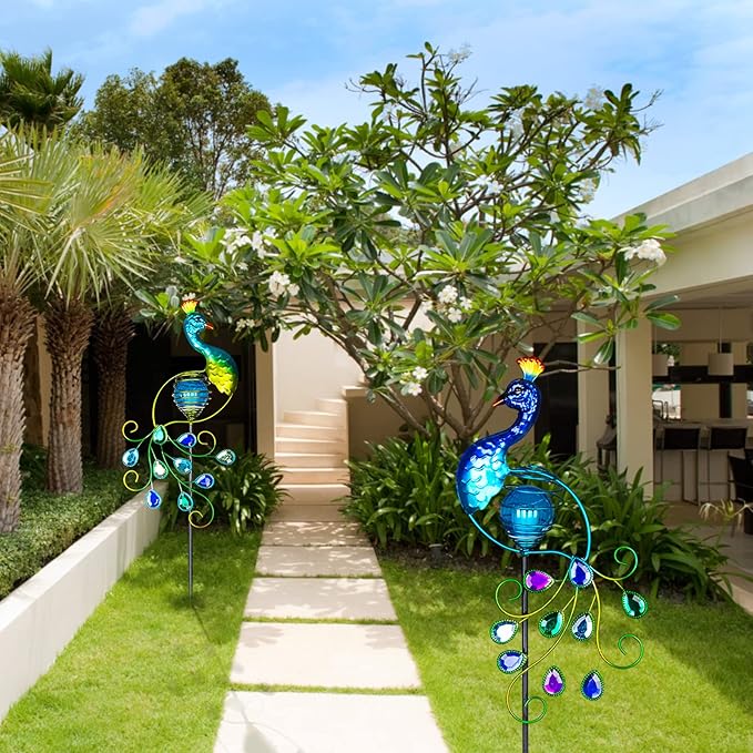 Viveta Garden Solar Lights Decorative, 2 Pack Metal Peacock Solar Lights Stake for Outdoor Garden Patio Yard Lawn Decorations-VerdiqueGarden