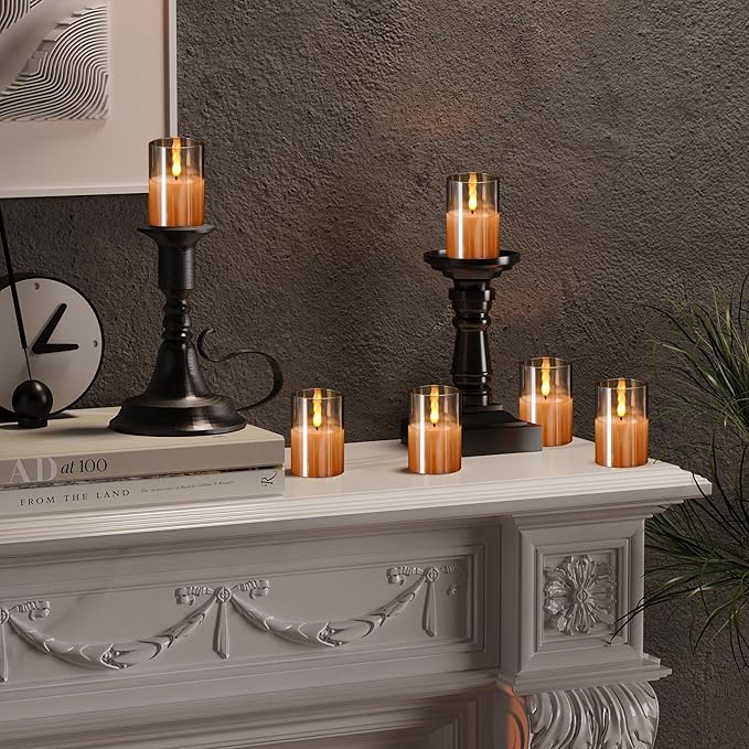 6Pack Glass Flickering Flameless Candles with Remote, 2"X3" Real Wax Votive Candles Battery Operated, Small Electric LED Candles for Wedding Home Decor, w/4 Timers+2 Lighting Modes [Gold]-VerdiqueGarden