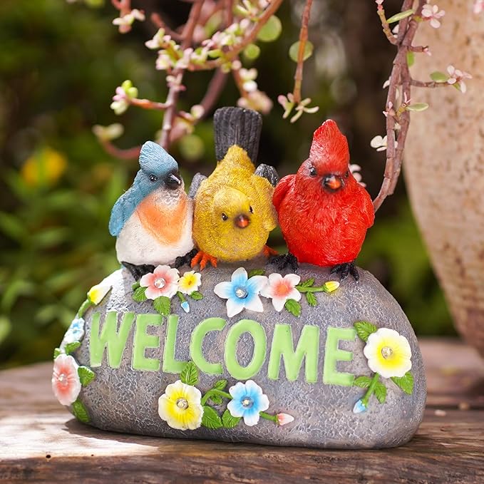 Solar Birds Welcome Sign - Outdoor Bird Decor with Solar LED Lights - Elegant and Charming Figurines for Women, Moms & Garden Enthusiasts-VerdiqueGarden
