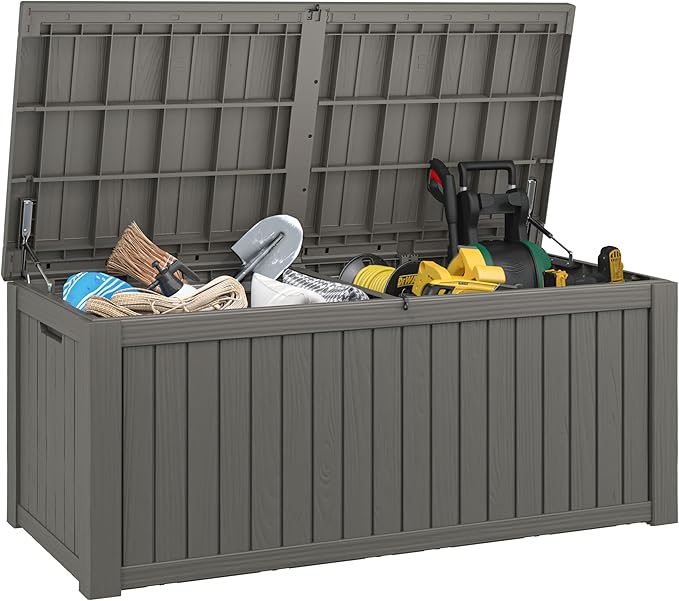 NUNU LAB 180 Gallon Outdoor Storage Box,Large Resin Sturdy Deck Box, Backyard Outside Storage Box Waterproof with Double Wall Panels,Package Delivery Garden Hose Storage Bin Outdoor Tool,Grey-VerdiqueGarden