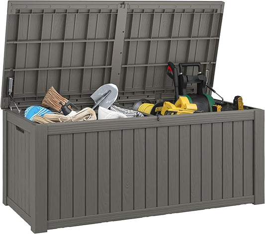 NUNU LAB 180 Gallon Outdoor Storage Box,Large Resin Sturdy Deck Box, Backyard Outside Storage Box Waterproof with Double Wall Panels,Package Delivery Garden Hose Storage Bin Outdoor Tool,Grey-VerdiqueGarden