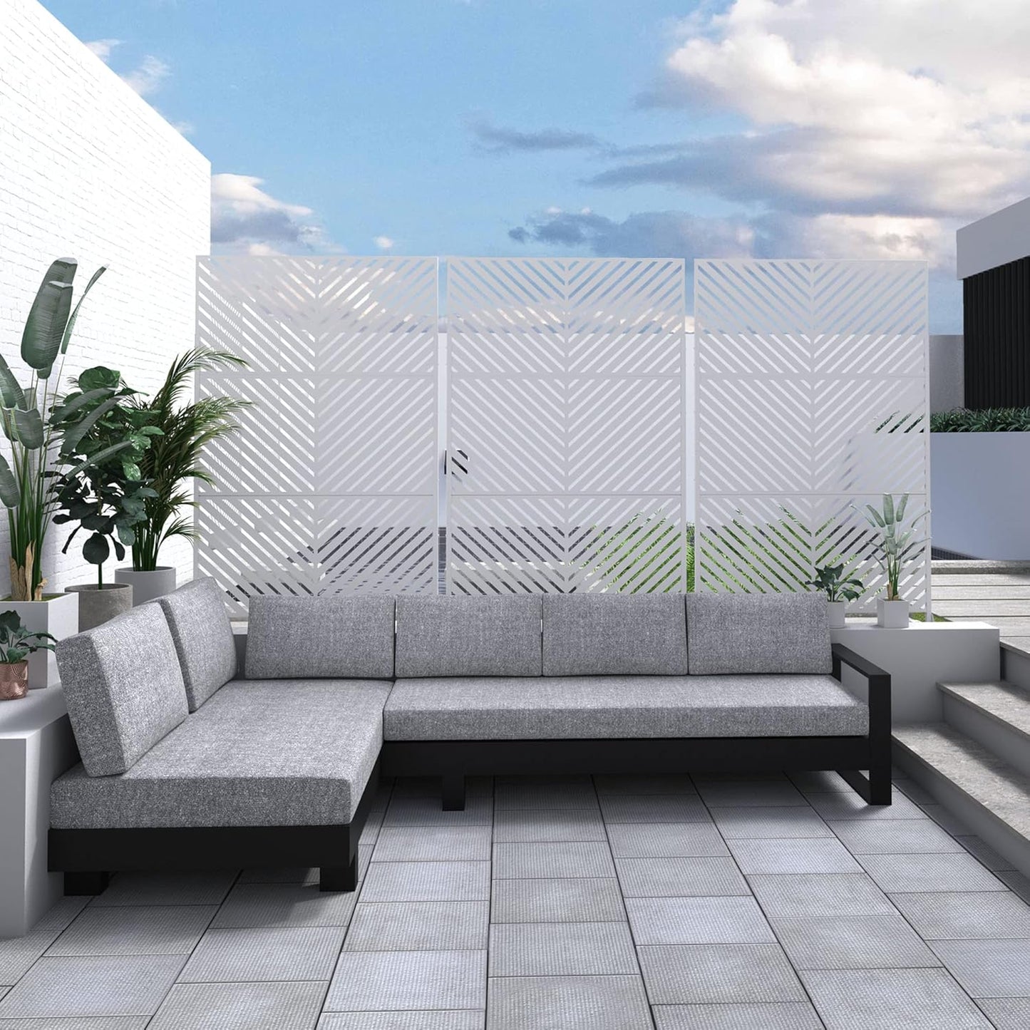 Metal Privacy Screen Outdoor 72" H×47" W,Freestanding Decorative Privacy Screen for Balcony Yard&Garden, Privacy Fence-White&Arrow-VerdiqueGarden