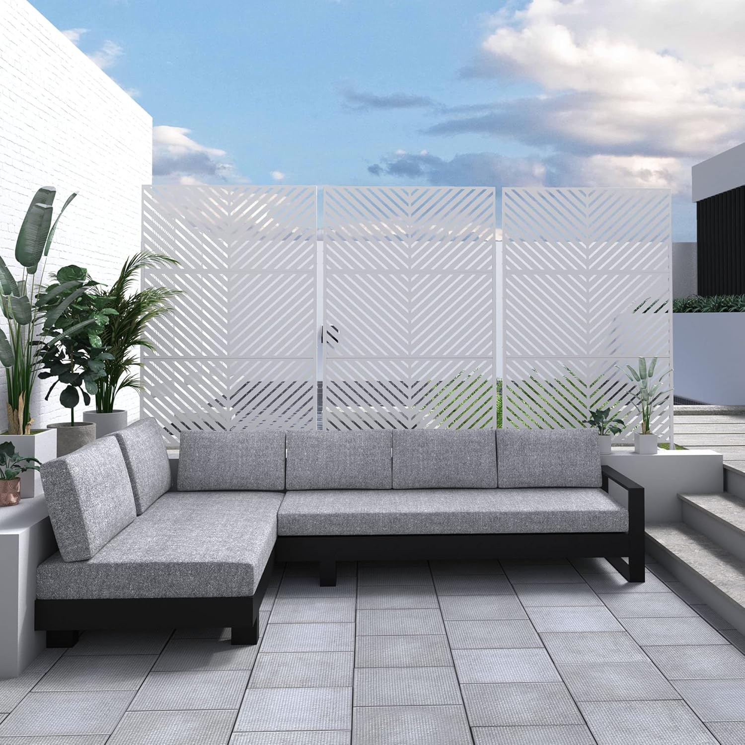 Metal Privacy Screen Outdoor 72" H×47" W,Freestanding Decorative Privacy Screen for Balcony Yard&Garden, Privacy Fence-White&Arrow-VerdiqueGarden