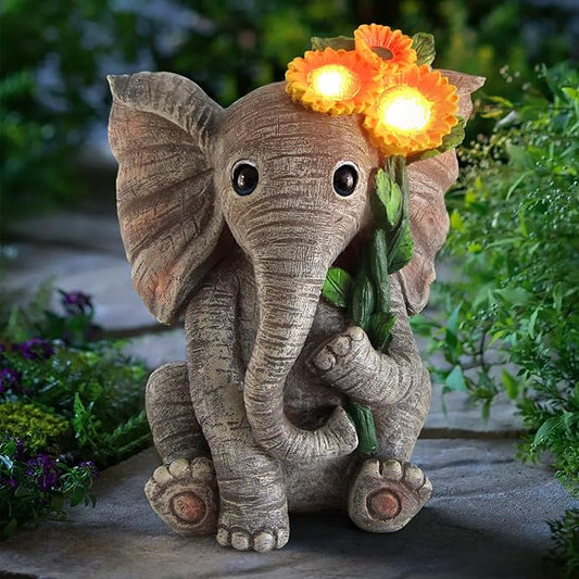 Outdoor Sculpture Figurine Statue Elephant Decor,Solar Garden Statues for Patio Home Yard Decor,Good Luck Sunflower Elephant for Women, Mom Gifts Housewarming Gift-VerdiqueGarden