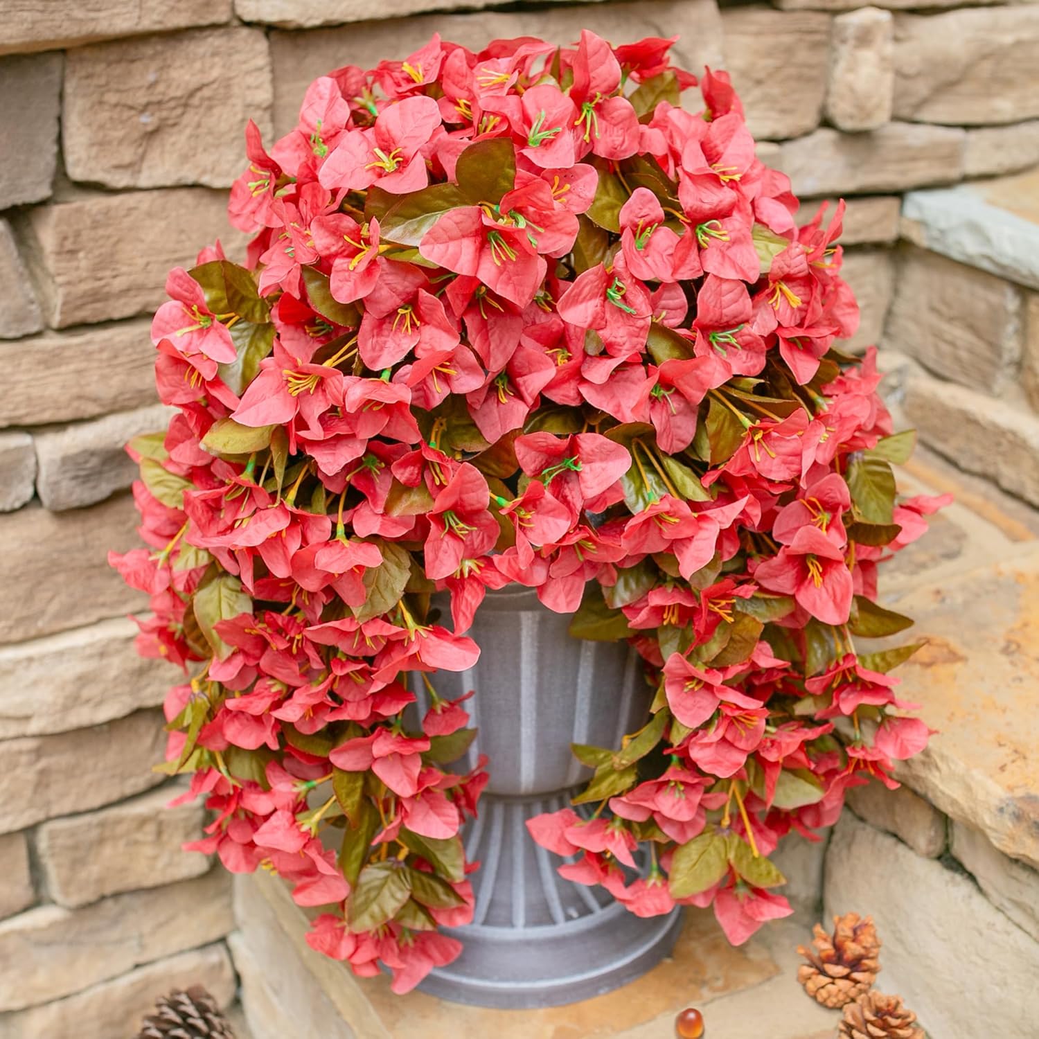 Bougainvillea Artificial Fall Hanging Flowers Plants for Outdoors Autumn Decoration, 2pcs Faux Bougainvillea Vines Red Fake Flowers Realistic UV Resistant Silk Flowers for Outside Planter Yard Home-VerdiqueGarden