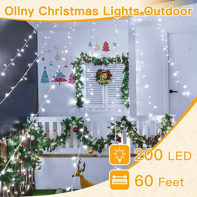 Ollny Outdoor String Lights 200LED 60FT, Cool White Connectable Plug in Fairy Light, 8 Modes Waterproof Timer Christmas Lights for Indoor Outside Bedroom House Party Wedding-VerdiqueGarden