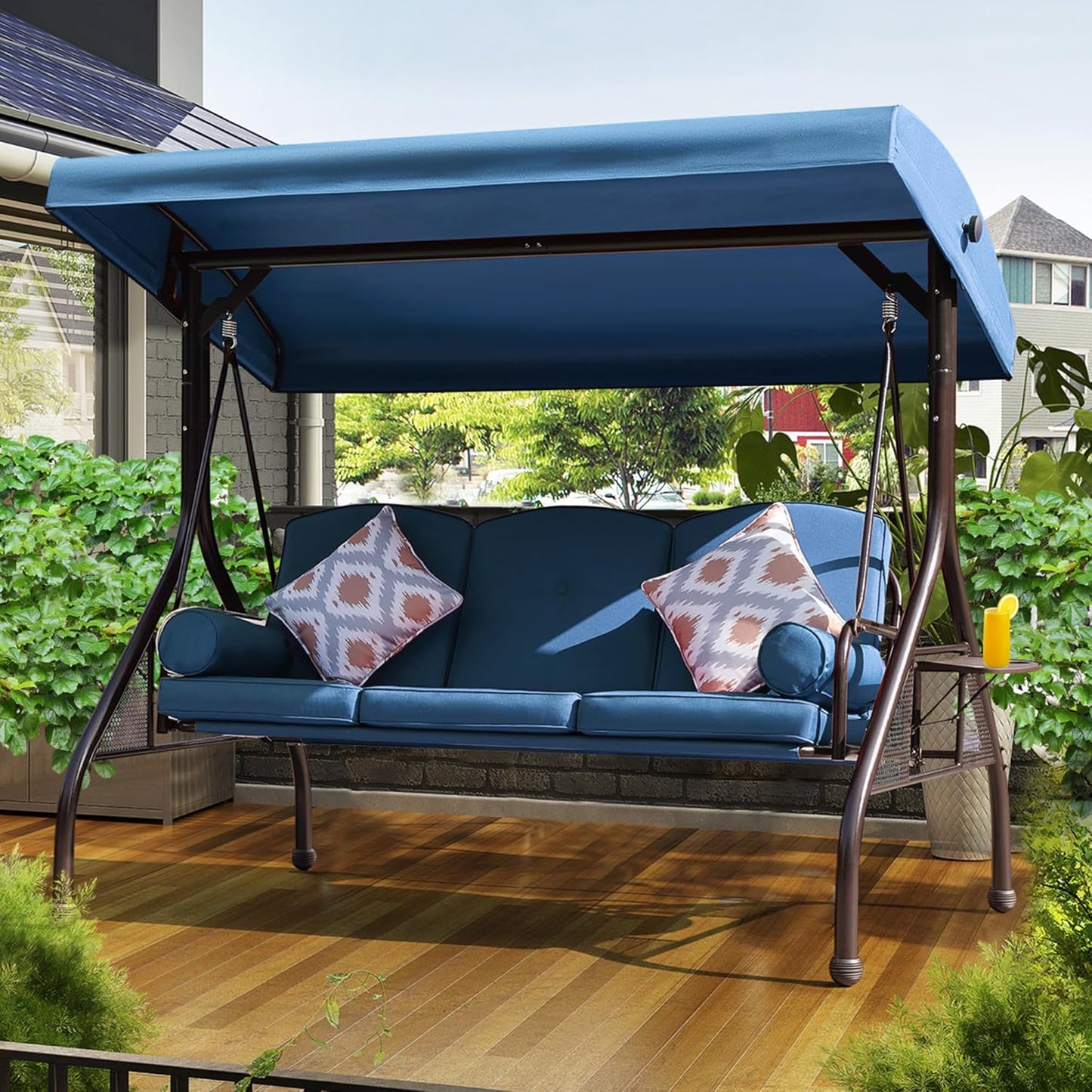NOBLEMOOD Patio Porch Swing, 3-Seat Outdoor Swing with Adjustable Canopy, Waterproof Fabric Cushion, Pillow and Foldable Side Tray for Patio, Backyard, Porch Swing Bed for Spring-VerdiqueGarden