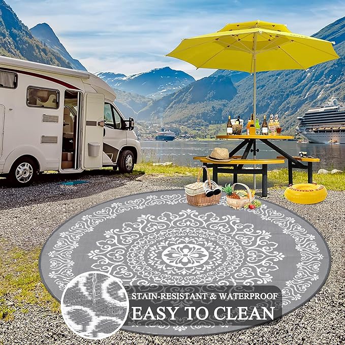 Pauwer Waterproof Outdoor Rug 8ft, Reversible Plastic Straw Patio Camping Rug, Indoor Outdoor RV Mat Carpet for Deck, Camper, Porch, Balcony, Backyard, Picnic, Floral Grey-VerdiqueGarden