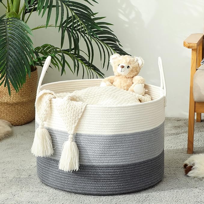 KAKAMAY Large Blanket Basket (20"x13"),Woven Baskets for storage Baby Laundry Hamper,Cotton Rope Blanket Basket for Living Room, Laundry, Nursery, Pillows, Baby Toy chest with Handles (White/Grey)-VerdiqueGarden