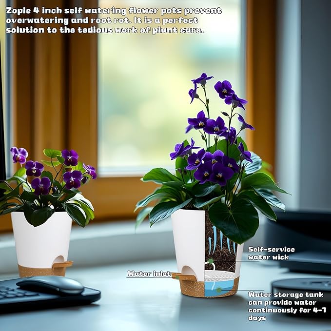 12 Pack 4 Inch Self Watering Plant Pots with Drainage and Saucers，Plastic Flower Pots for Indoor and Outdoor Plants, Nursery Planters for Houseplants and Herbs White Brown, 4 inch 12pcs-VerdiqueGarden