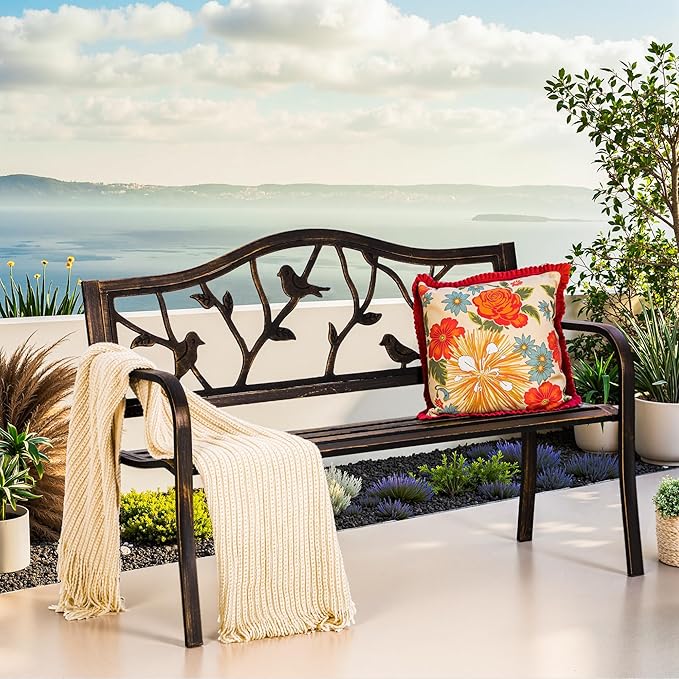 PHI VILLA Outdoor Garden Park Bench Patio 50" Metal Bench, Steel Frame Bench with Backrest and Armrests for Porch, Lawn, Balcony, Backyard and Indoor, Bronze-VerdiqueGarden