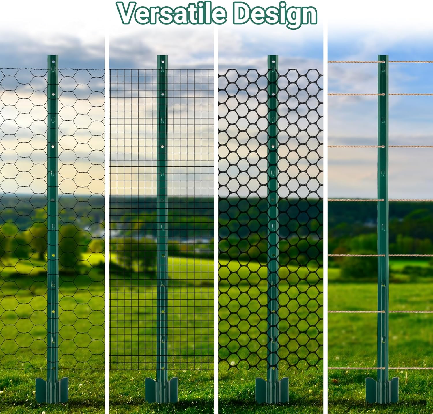 Fence Post 4 FT - 10 Packs, Metal Heavy Duty U Posts, Powder-Coated for Long-Lasting Use, Perfect for Holding Wire &Plastic Mesh, Corner Anchors, Green-VerdiqueGarden