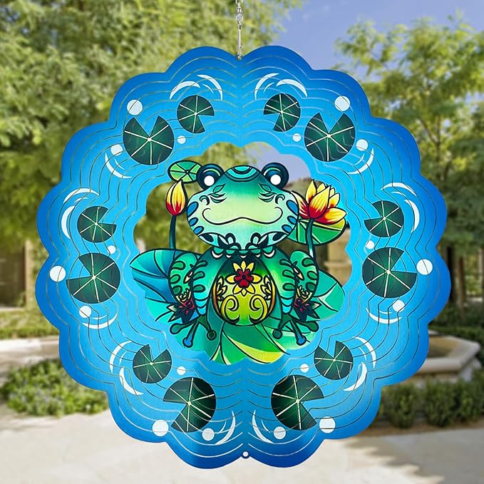 Frog Wind Spinners 3D Hanging Wind Spinner Frog Ornament Gifts for Women Mom Grandma,12inch Metal Wind Kinetic Sculpture for Outdoor&Indoor Decor, Yard Art, Garden Decoration-VerdiqueGarden