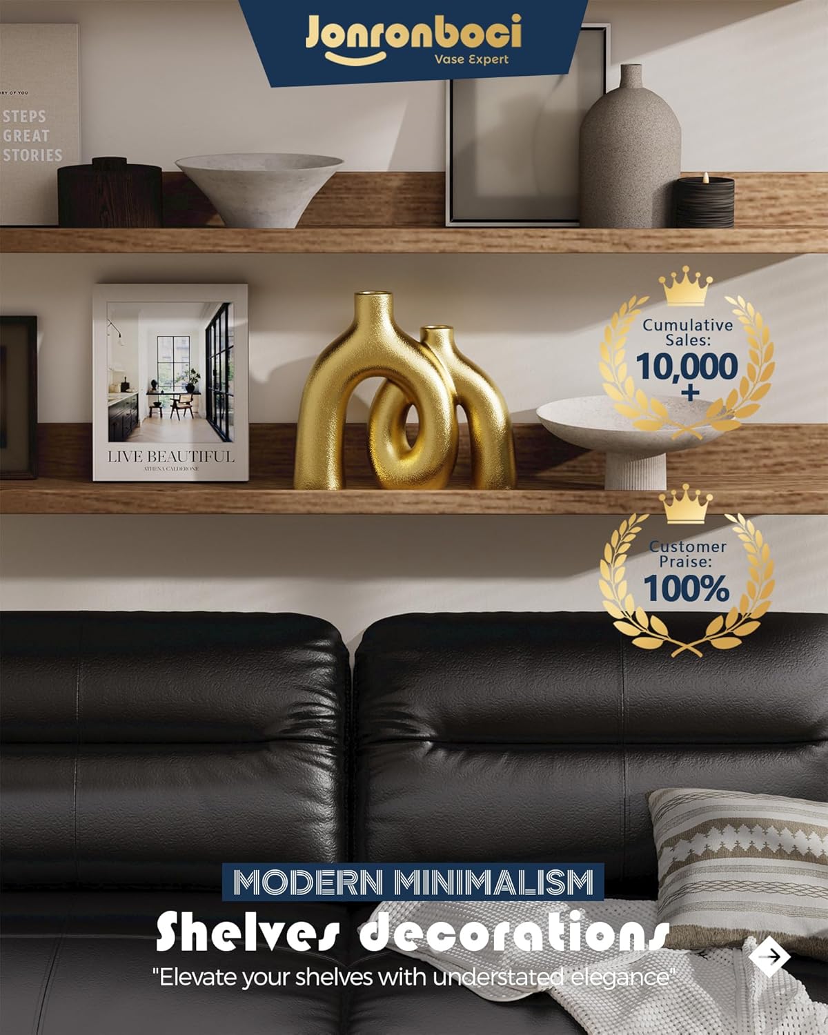 Hug Donut Decorative Vase Set - Golden Modern Classic Transitional Style Vases Home Decor, Matte Ceramic Decorations for Living Room Shelf, Bookshelf Mantle Entryway Table or Console Décor (Gold)-VerdiqueGarden