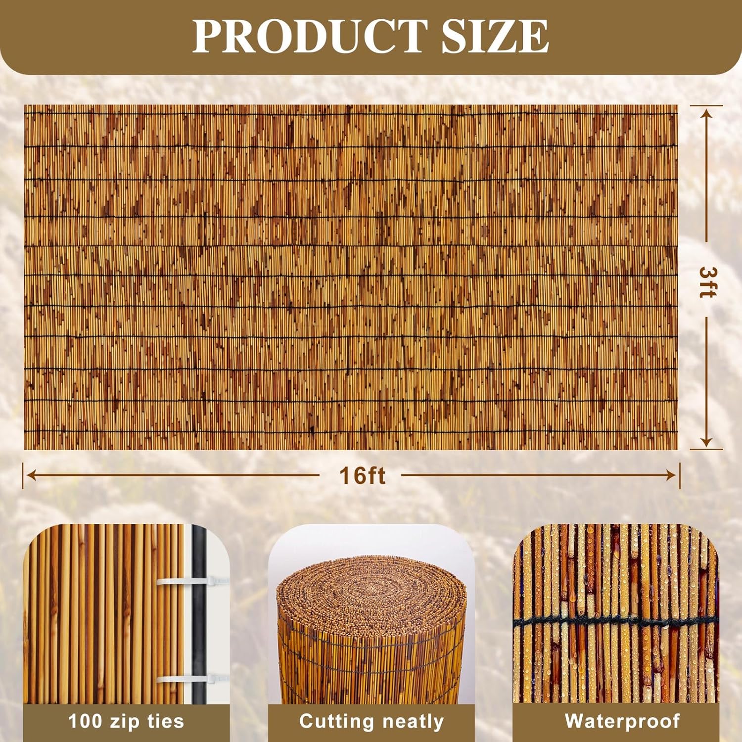 Natural Reed Fencing,Decorative Bamboo Fence Rolls Handwoven Friendly Sun Shade for Garden,Patio,Balcony Windows 3x16FT-VerdiqueGarden