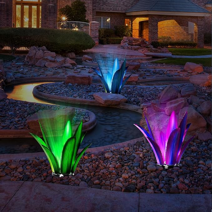 Upgraded Large Metal Yard Art, Metal Agave Plant Yard Decorations Outdoor Sculpture, Metal Flowers for Outside, Waterproof Outdoor Garden Decor (Green (W/Solar Light))-VerdiqueGarden