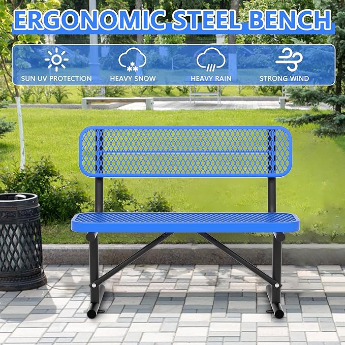 Heavy Duty Park Bench with Back Portable Frame, Outdoor Steel Bench with Backrest, Outdoor Park Bench Expanded Metal Mesh Bench for Lawn, Park, Deck, Garden, Patio, Porch, Black (Blue, 4FT)-VerdiqueGarden