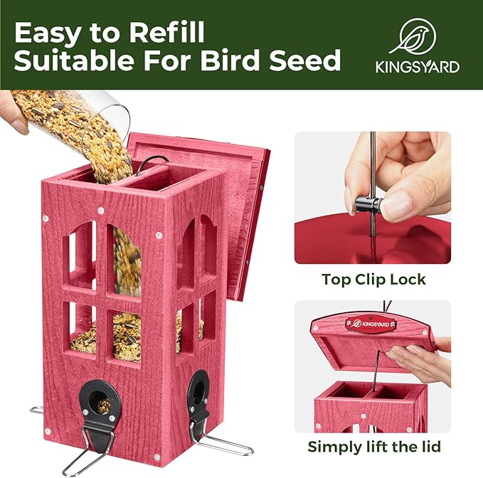 Kingsyard Upgraded Rainproof Bird Feeder for Outdoor Hanging - Metal Feeding Port, Recycled Plastic Wild Bird Feeder with Metal Mesh Tray for Goldfinch Small Bird, Garden Yard Decoration, Red-VerdiqueGarden