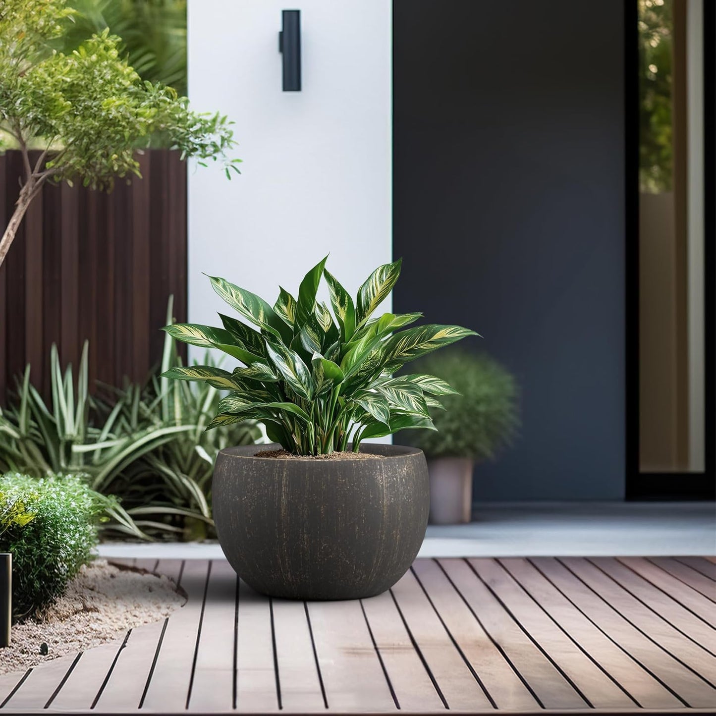 Kante 15.7" Dia Round Concrete Planter, Outdoor/Indoor Large Bowl Plant Pots with Drainage Hole and Rubber Plug for Garden Patio Balcony Home, Oil Rubbed Bronze-VerdiqueGarden