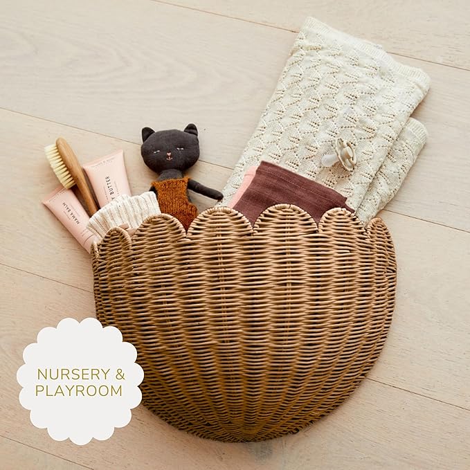 BEBE BASK Scalloped Wicker Hanging Basket - The Original Wicker Wall Decor - Hand Woven Wall Basket - Home Décor Wall Hanging Basket - Wall Storage Basket for Nursery, Living Room and Bathroom (Mocca)-VerdiqueGarden