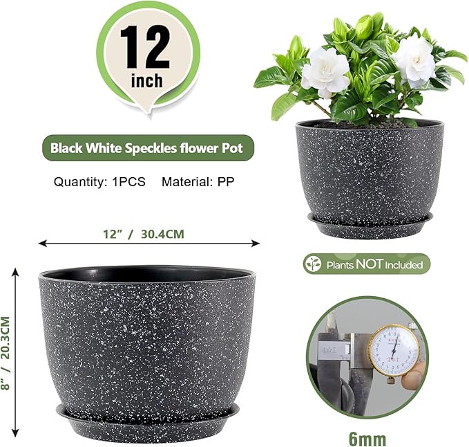 12 inch Big Plant Pots, Plastic Planters with Drainage Holes and Trays, Large Flower Pots for Indoor Outdoor Plants, Modern Decorative Pots for Garden House Plants, Speckled Black-VerdiqueGarden