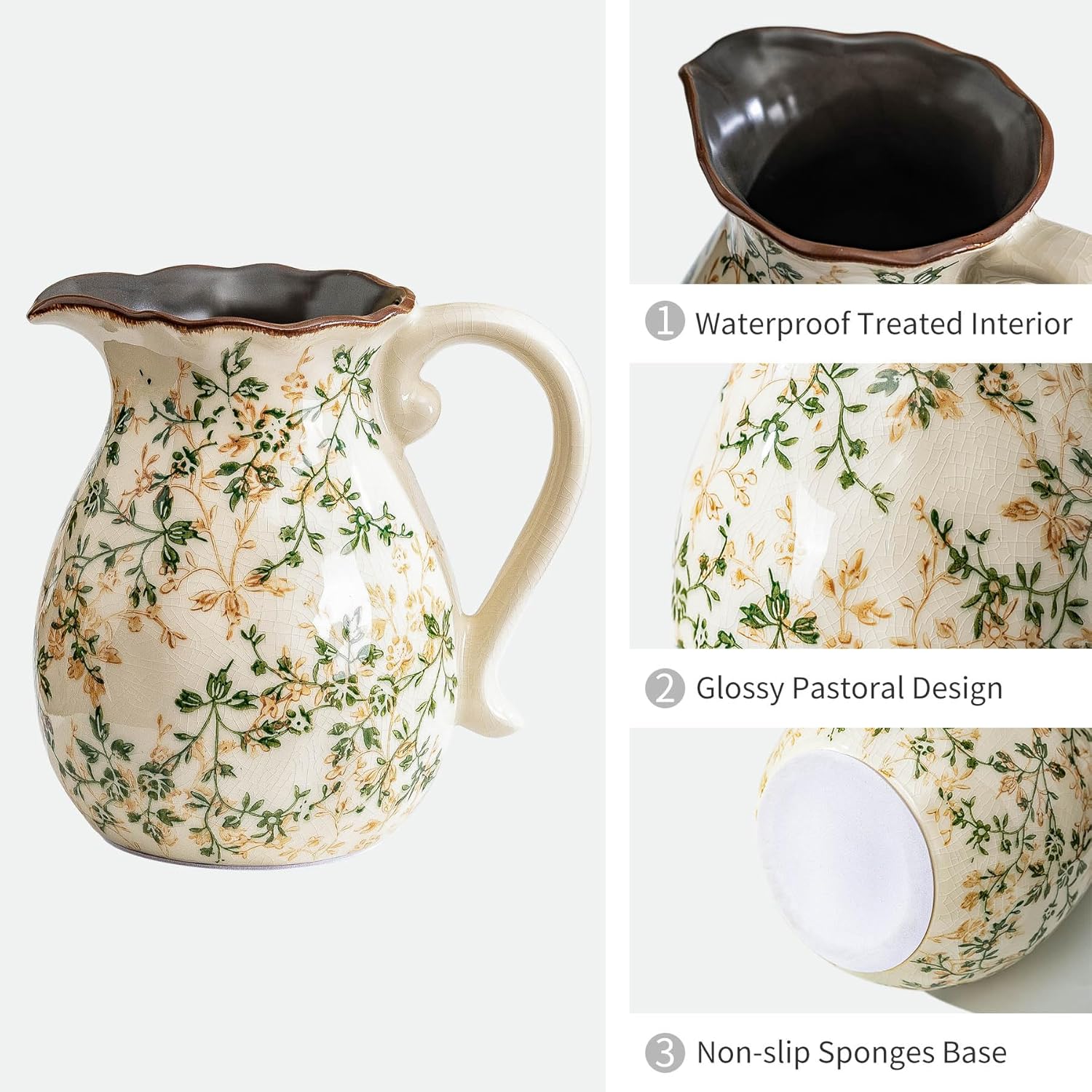 Green and White Vintage Vase with Handle, Chinoiserie Floral Pitcher Vase, Rustic Ceramic Farmhouse Vases for Home Decor, Living Room, Bookshelf, Office, Grand Millennial Decors, Tuscan Decor 7.9 Inch-VerdiqueGarden