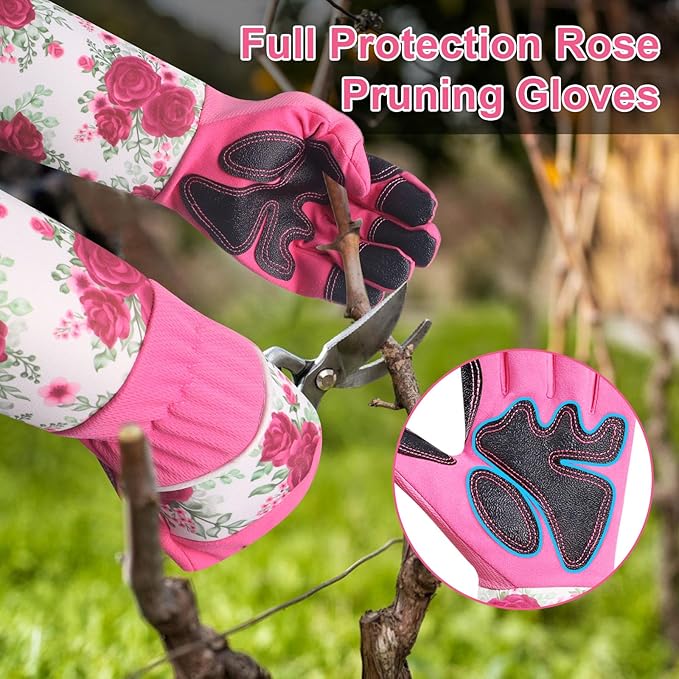 DLY Gardening Gloves for Women, Rose Gloves Gardening Thorn Proof, Long Garden Gloves for Women, Breathable & Durable Leather Gauntlet(Medium, Rose Red)-VerdiqueGarden
